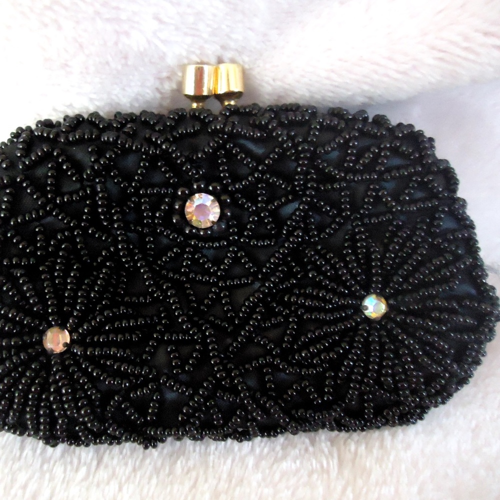 DeLILL vintage coin purse blk seed satin rhineston